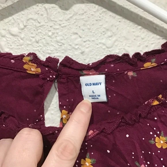 Old Navy Floral Boho Peasant Blouse L Ruffle Neck Bell Sleeves Ladder Lace Top - Picture 3 of 6